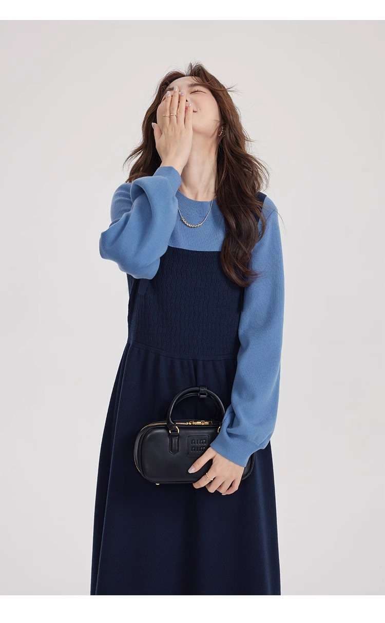 ロングワンピース ふんわり袖のコットンニットサロペットワンピース