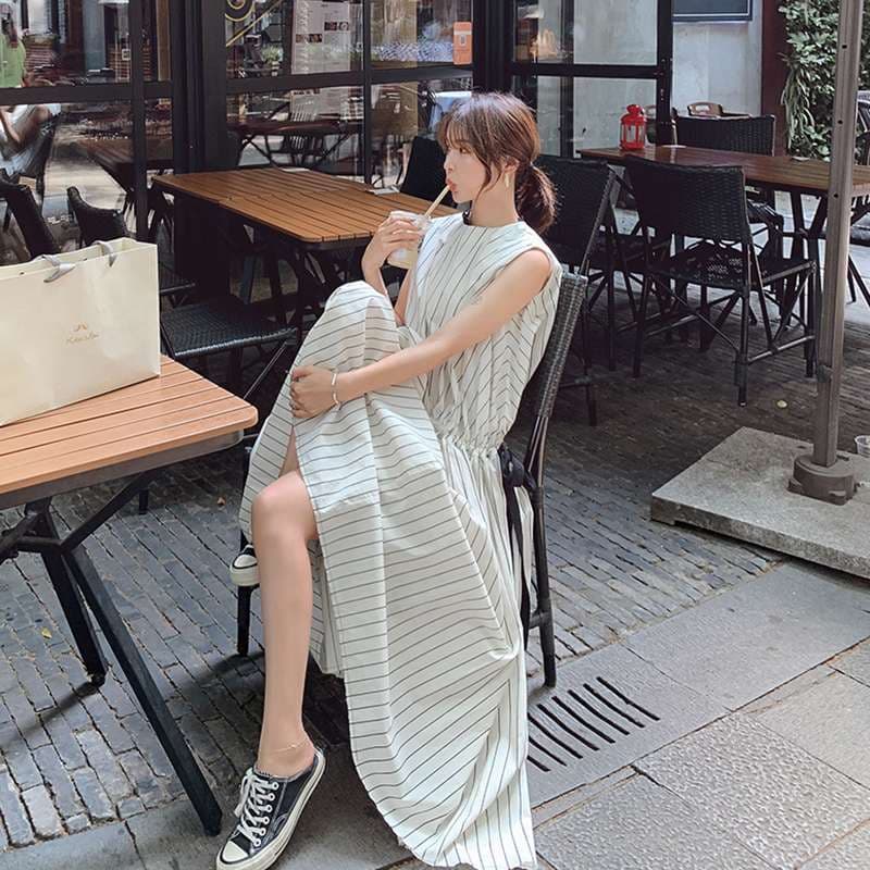 ロングワンピース シンプル細ストライプ ノースリーブマキシワンピース