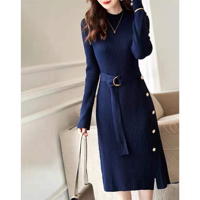 ロングワンピース 韓国風リブニットワンピース長袖ベルト付き