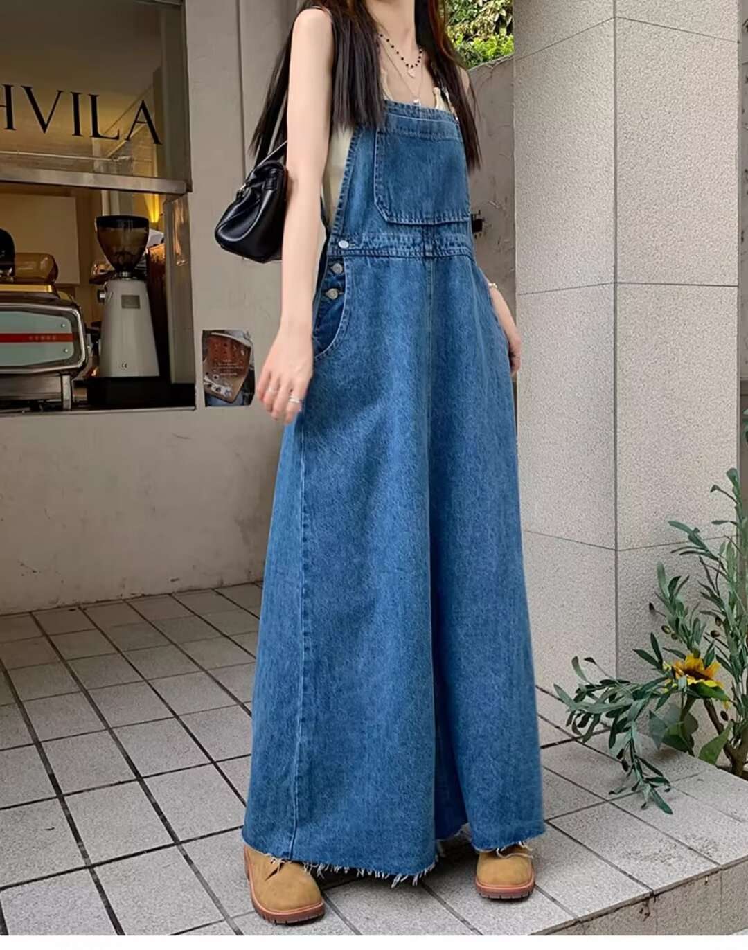 ロングワンピース ゆったりデニムサロペットワンピース
