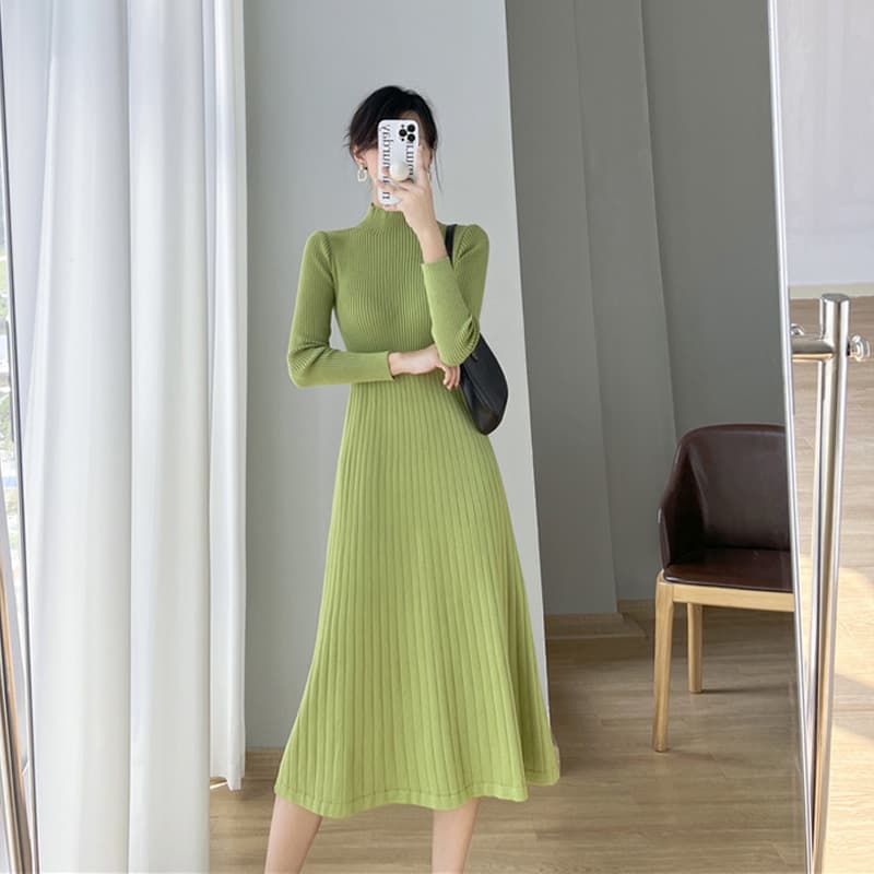 ロングワンピース ニット 立体プリーツ ハイネック ニットワンピース