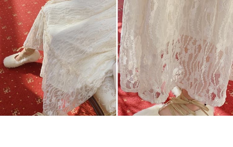 ロングワンピース レース編み花柄デザインワンピース