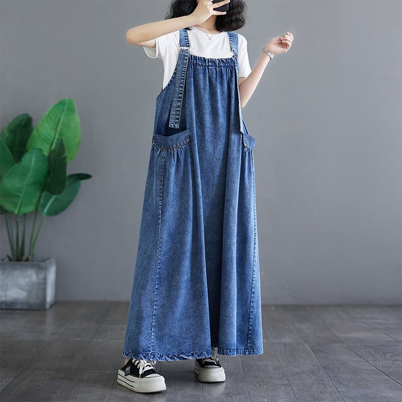 ロングワンピース ゆったりデニムサロペットワンピース