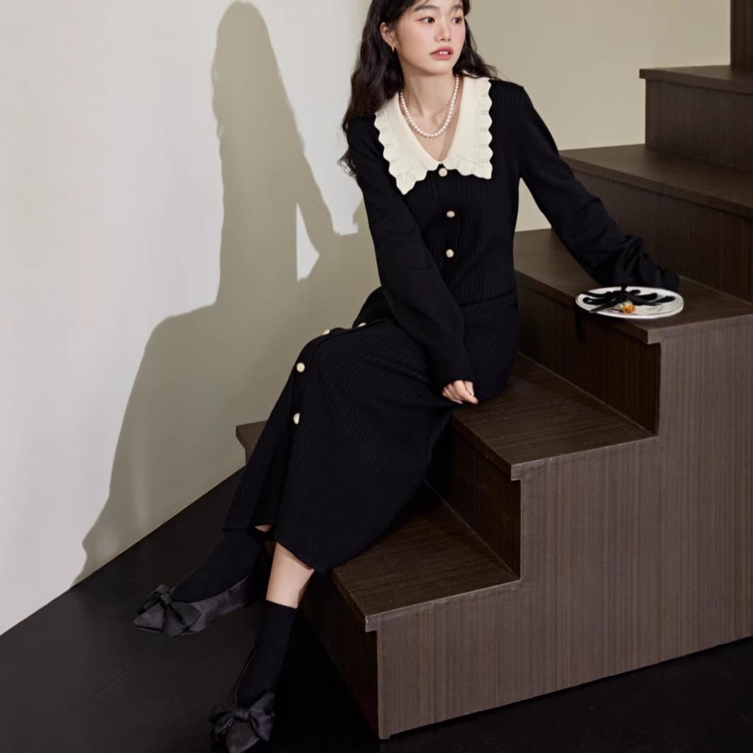 ロングワンピース フリル襟レトロニットワンピース