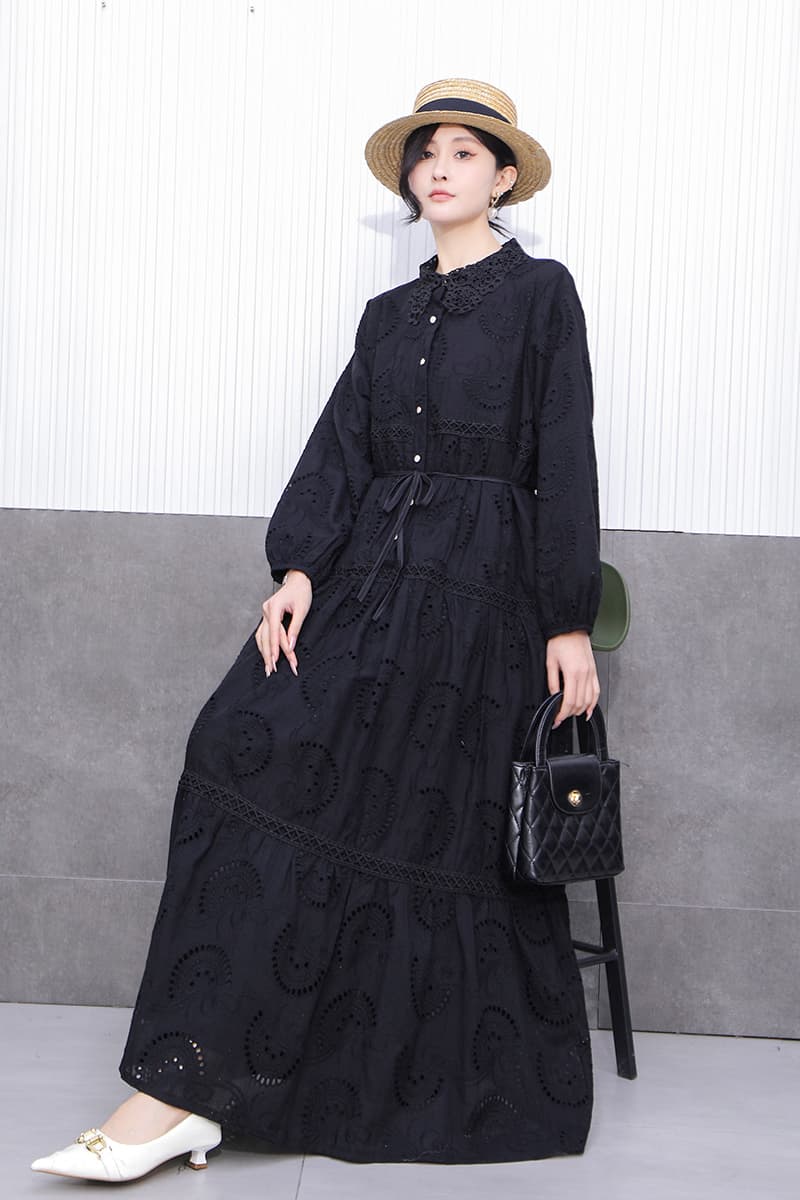 ロングワンピース レース 優美なレース模様のティアードワンピース