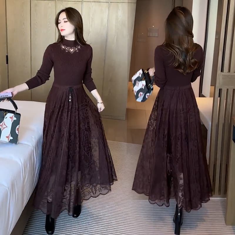 ロングワンピース レース装飾 優美シルエットワンピース
