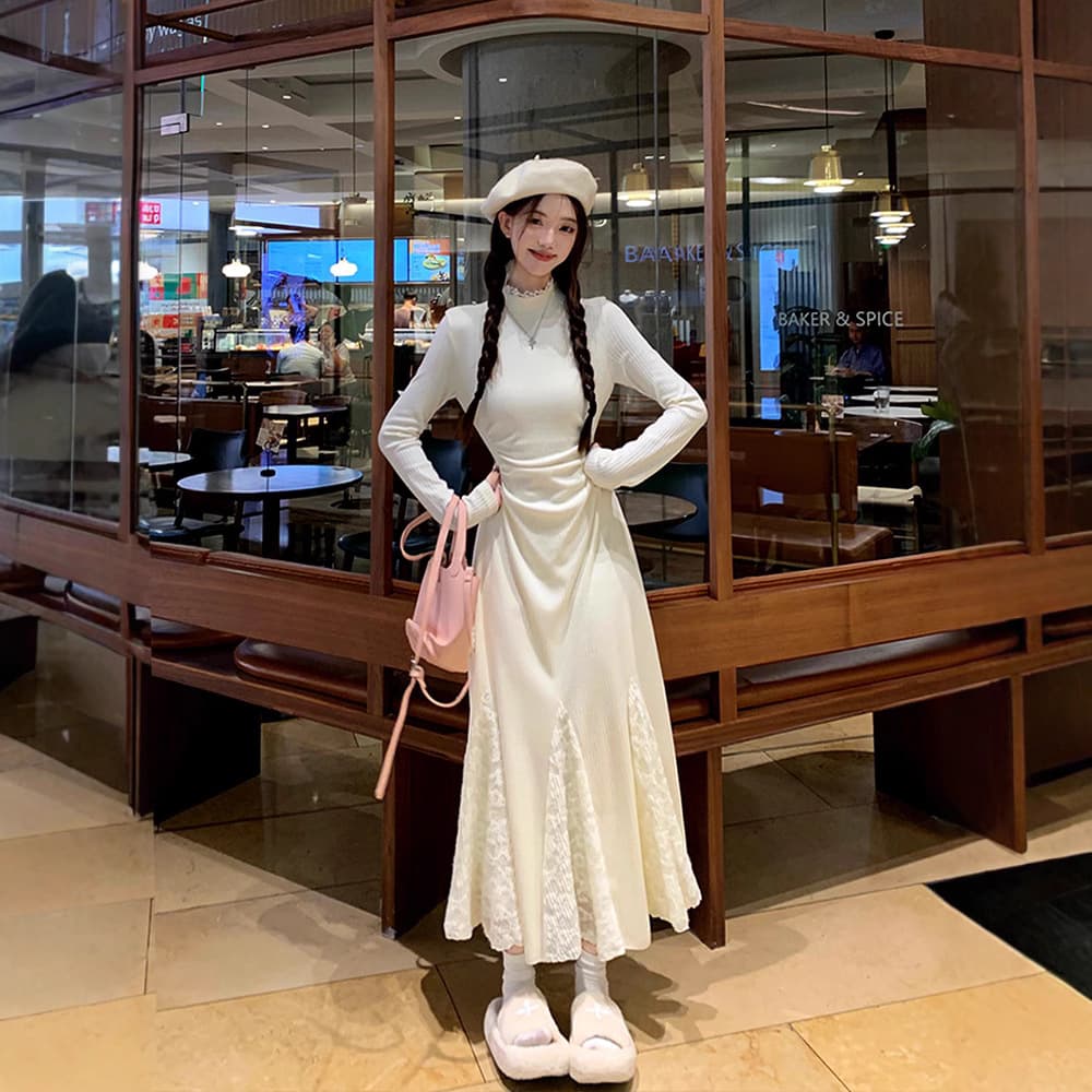 ロングワンピース 優美なフレア レースワンピース