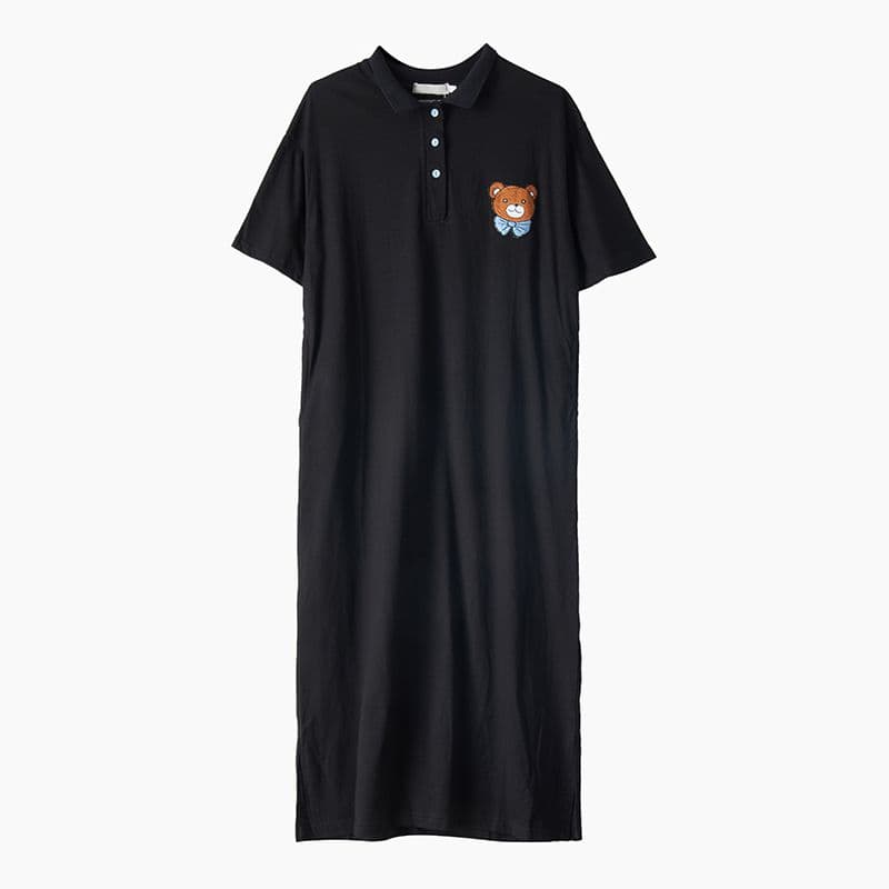 ロングワンピース ポロシャツ くま刺繍ワンポイント襟付き半袖ロングワンピース