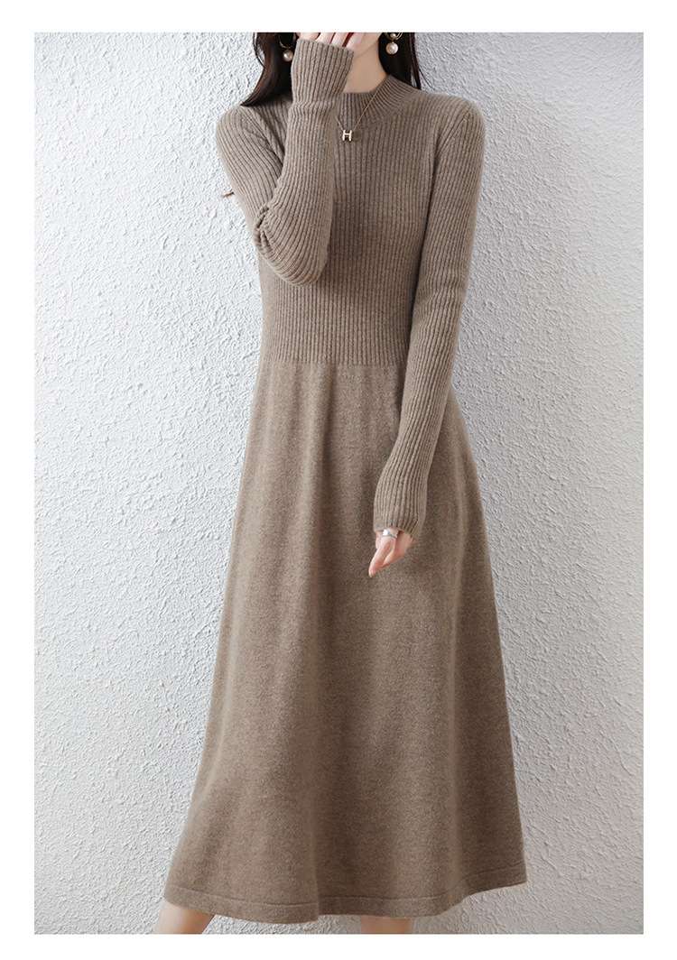 ロングワンピース リブ編みハイネック切替ロングワンピース