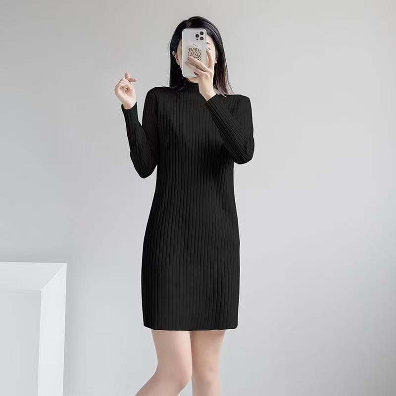 ロングワンピース リブ編みすっきりワンピース