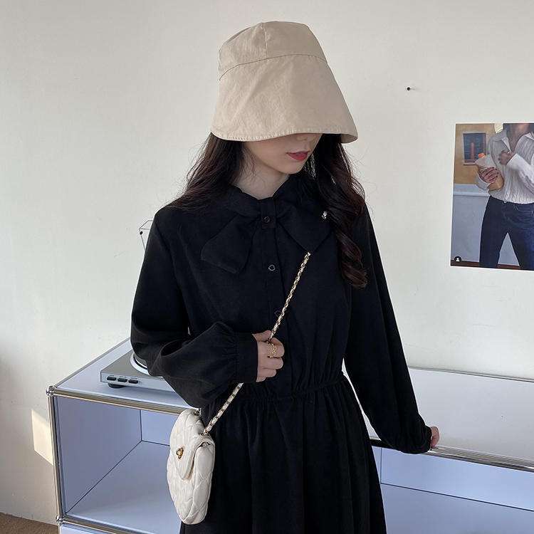 ロングワンピース シンプル襟付きギャザーワンピース