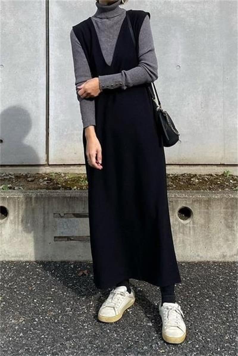 ロングワンピース 上品ノースリーブ ベストワンピース 深めブイネック ロング丈 通勤