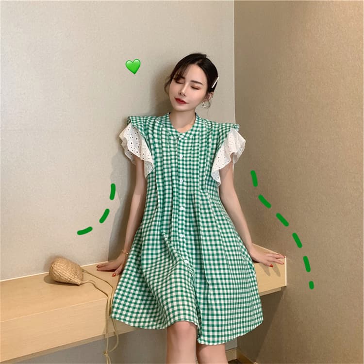 ロングワンピース 緑色格子柄シャツワンピース上品ゆったり袖フリル付き