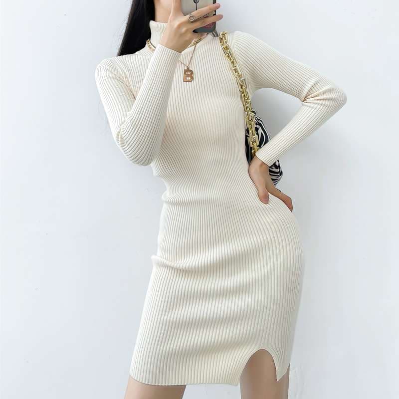 ロングワンピース リブ編み美シルエットタートルネックワンピース