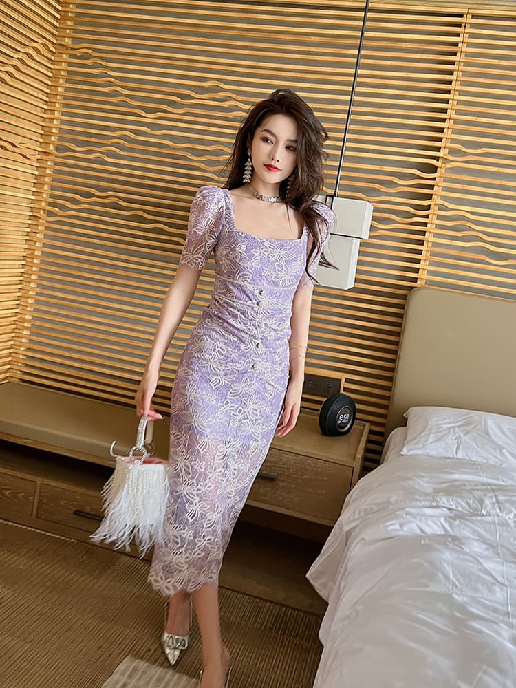 ロングワンピース レース 花柄レース編み メイドミディ丈ワンピース