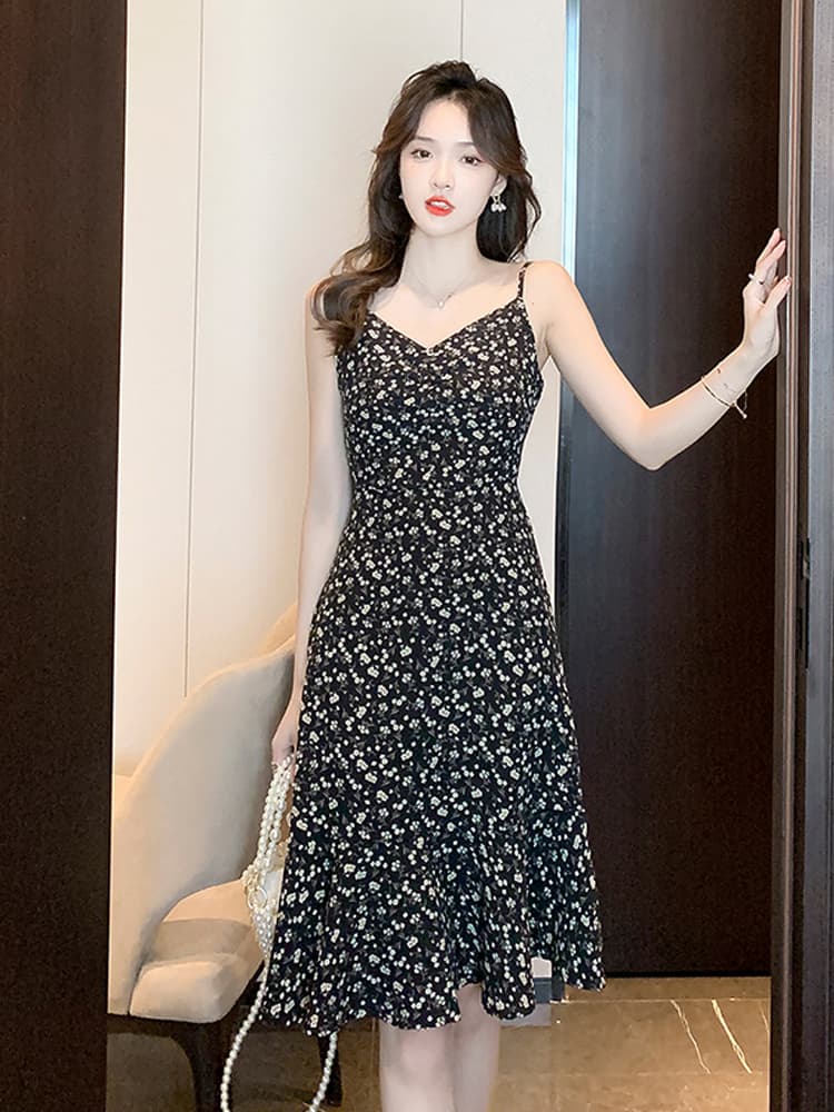 小花柄プリーツ切替キャミソールロングワンピース