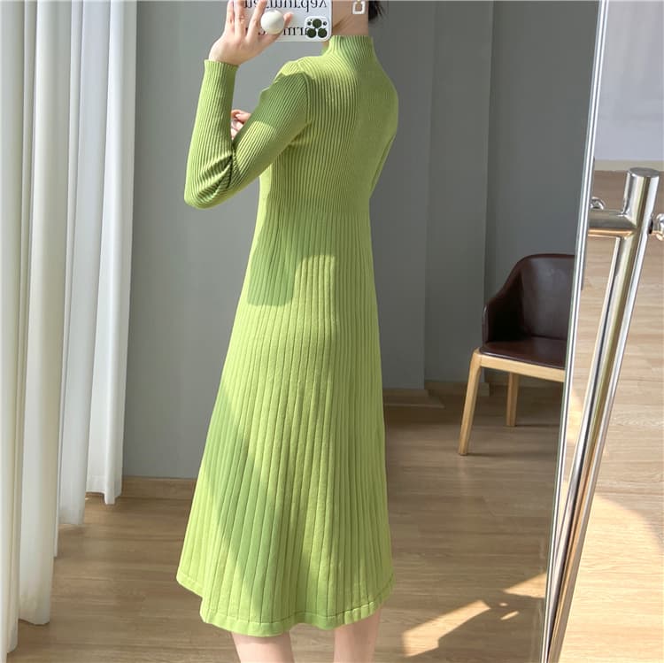 ロングワンピース ニット 立体プリーツ ハイネック ニットワンピース