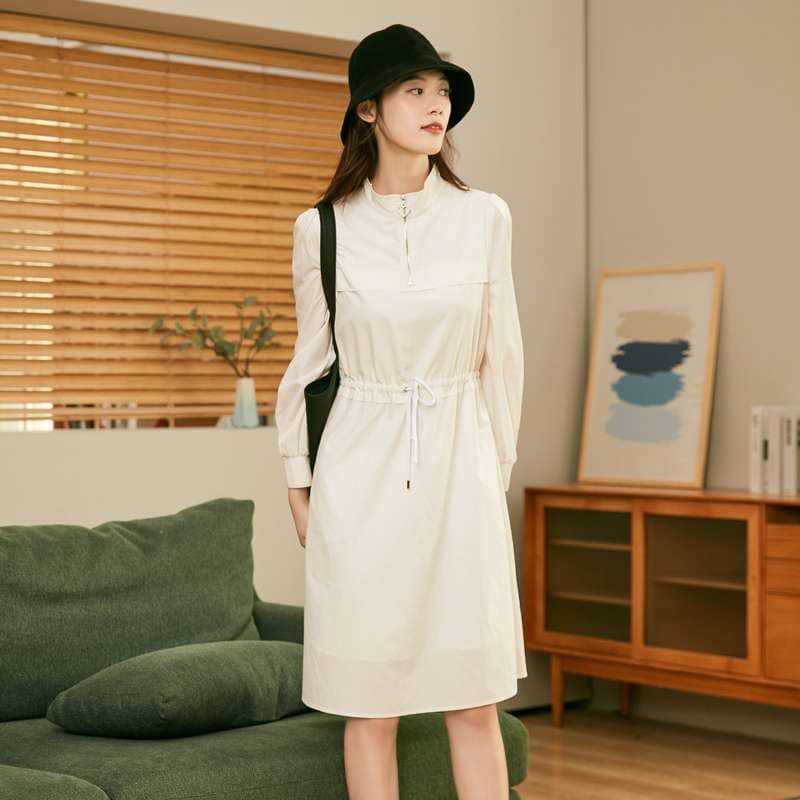 ロングワンピース 優美なギャザースリーブ シャツワンピース