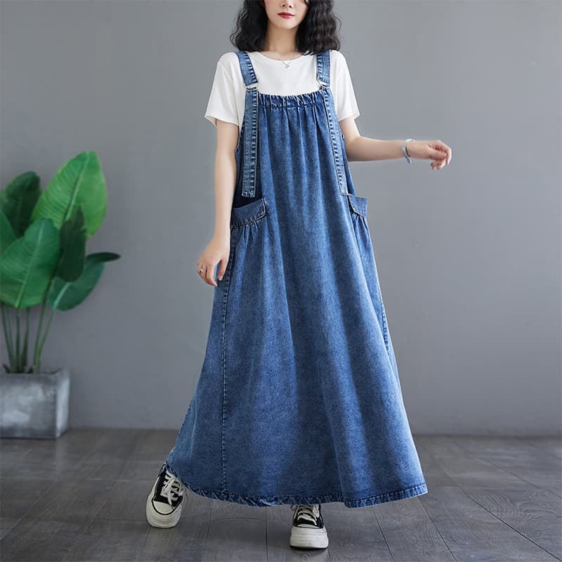 ロングワンピース ゆったりデニムサロペットワンピース