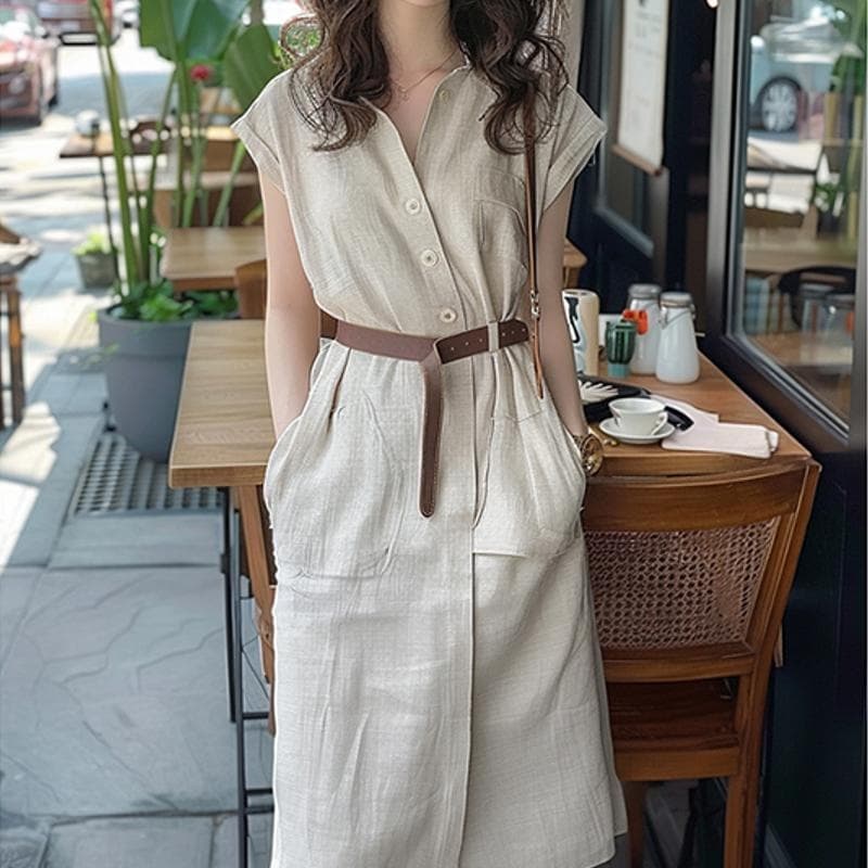 ロングワンピース シャツ 麻風ベルト付き半袖シャツワンピース