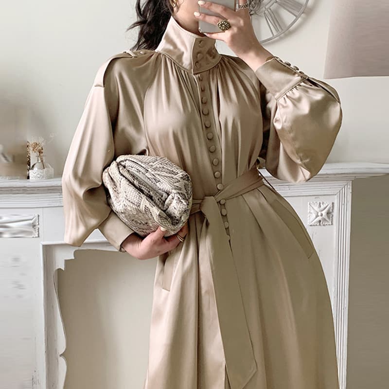 ロングワンピース 韓国風シャツワンピース光沢素材ボタン付きロング丈