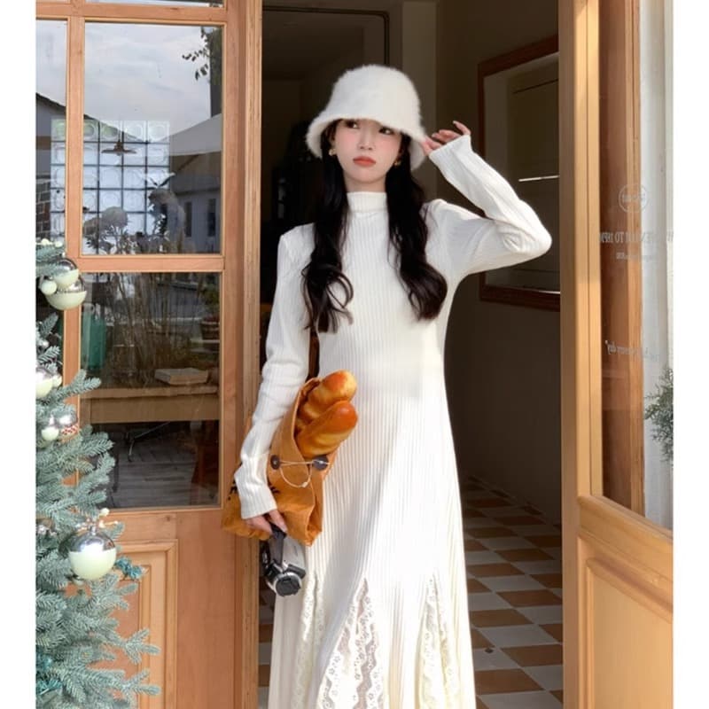 ロングワンピース ニット レース切替リブニットマキシワンピース