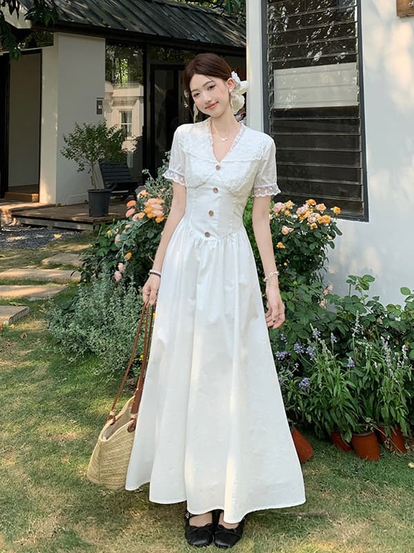 ロングワンピース レース 優美レース襟付きマキシワンピース