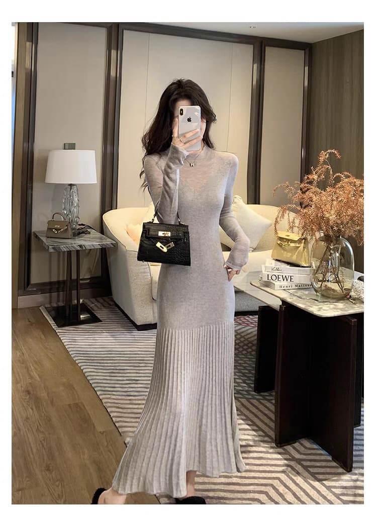 ロングワンピース ニュアンスプリーツニットワンピース