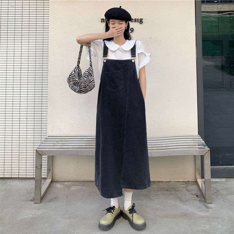 ロングワンピース ゆったりデニムサロペットワンピース