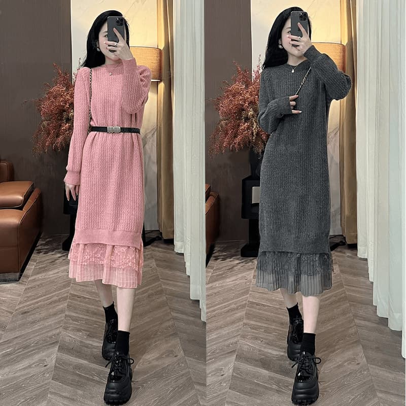 ロングワンピース レース裾デザイン リブニットワンピース