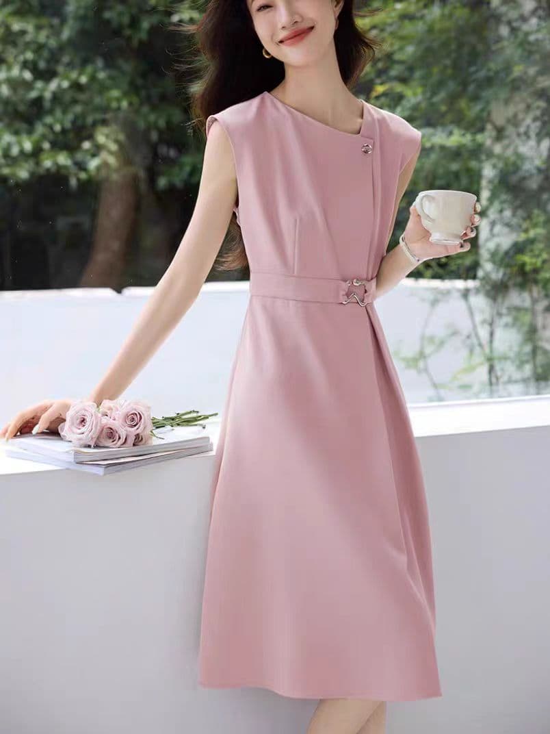 ロングワンピース 上品シャツワンピース夏新作ベルト付きベージュ