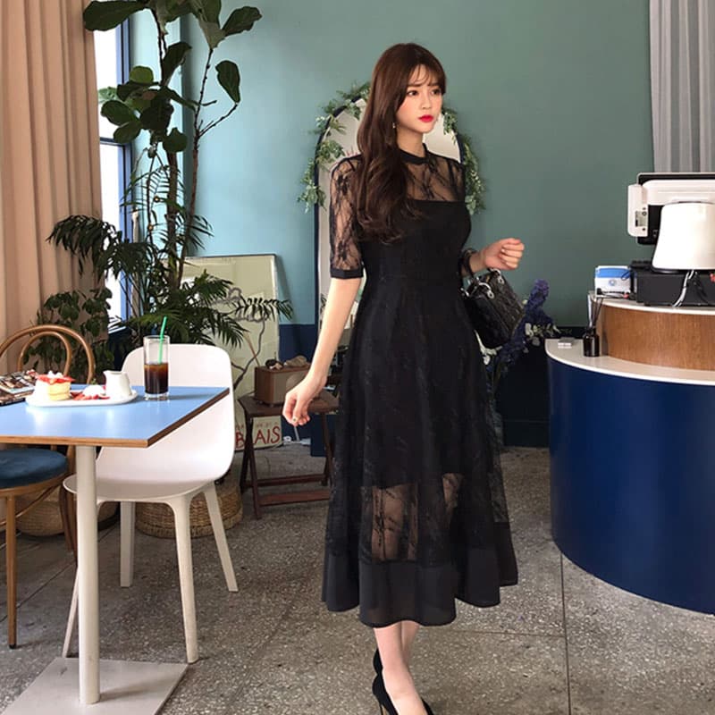 ロングワンピース レース 透け感レース重ねミディ丈ワンピース