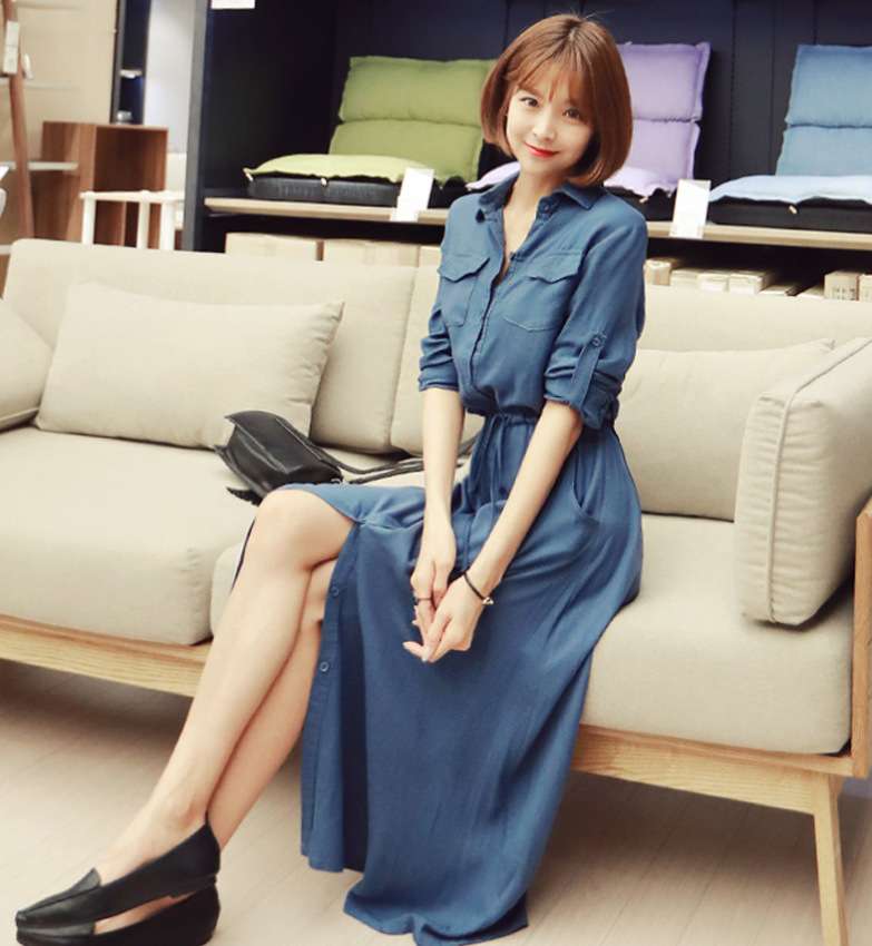 ロングワンピース シンプル優美シャツワンピース