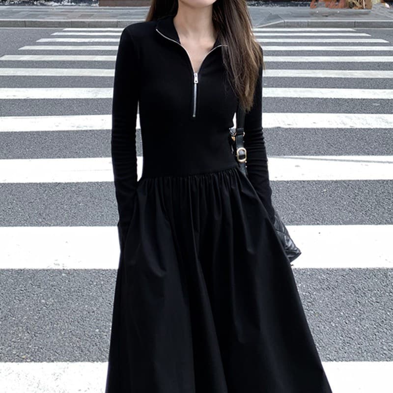 ロングワンピース 上品シンプル ハーフジップ ギャザーワンピース