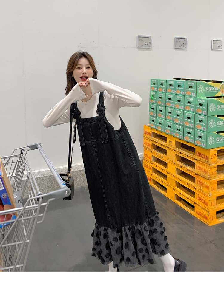 ロングワンピース ハートフリルデニムサロペットワンピース