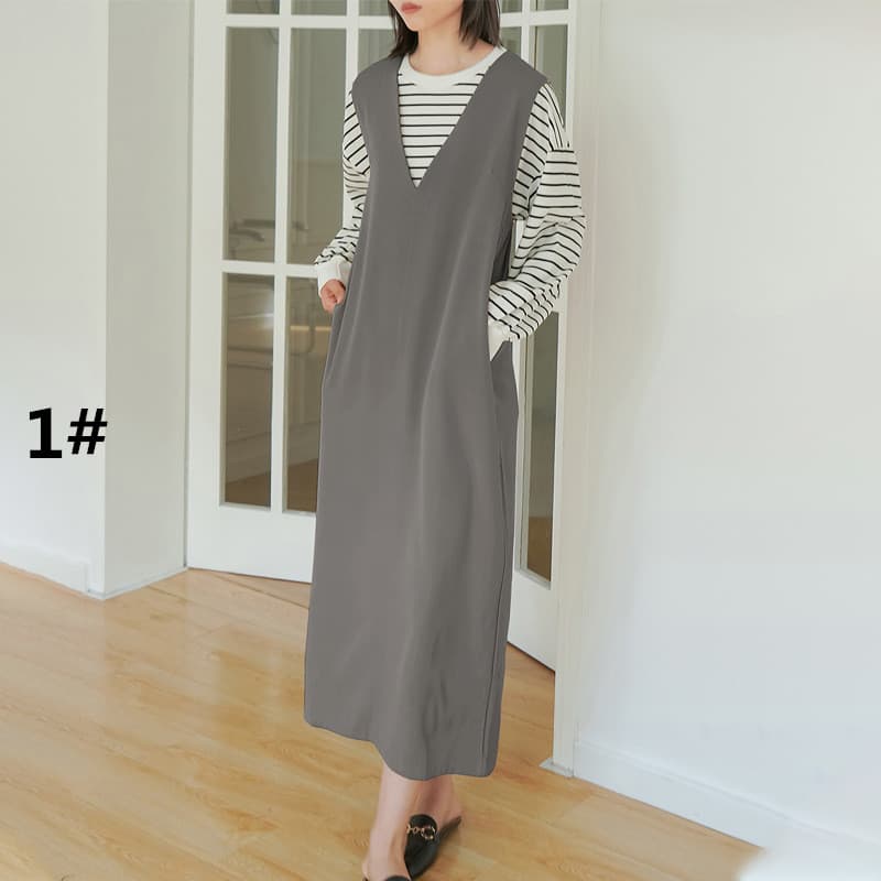 ロングワンピース 人気ノースリーブロング丈ワンピース深Vネックレディース