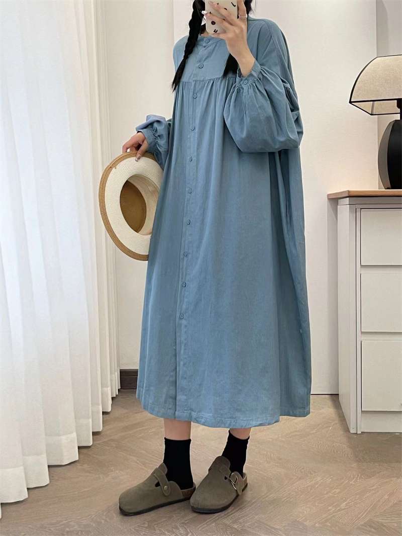 ロングワンピース ギャザーフリル襟 シャーリング ロングワンピース