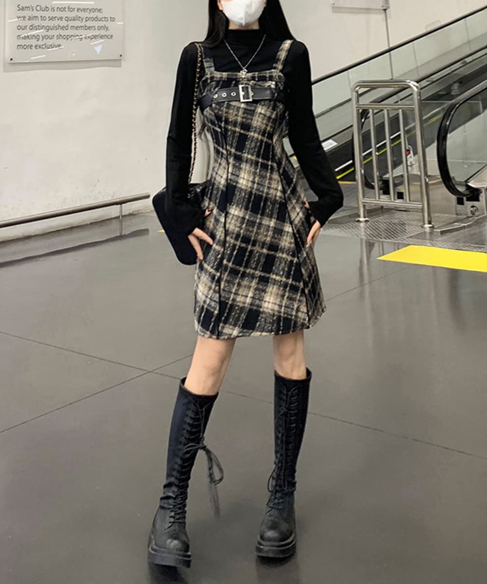 ロングワンピース チェック柄フレアサスペンダーワンピース