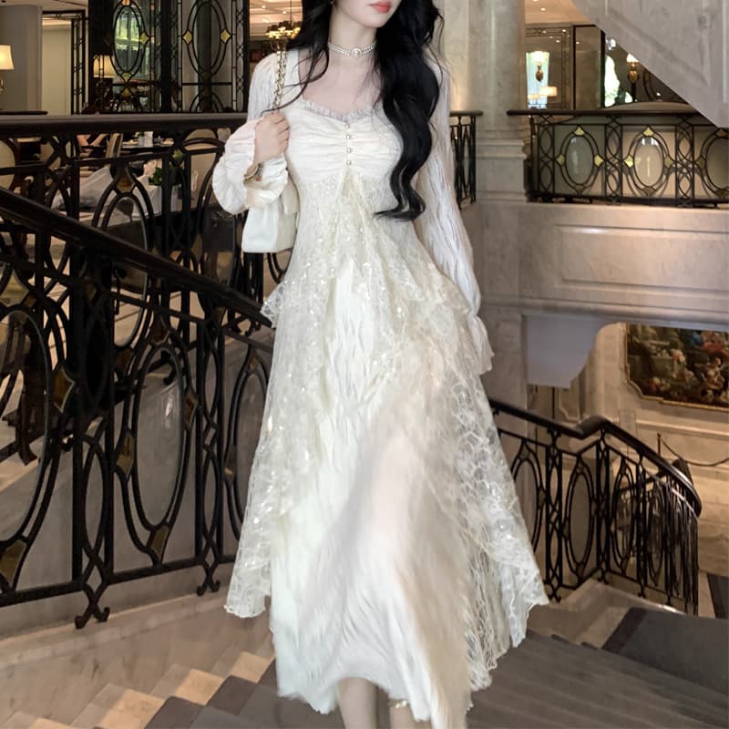 ロングワンピース お姫様レースフリルメイドロングワンピース