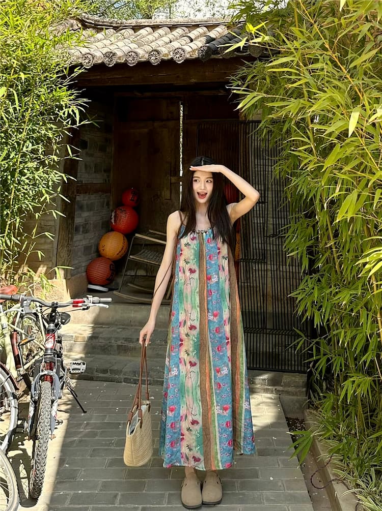 花柄透け感シフォンキャミロングワンピース