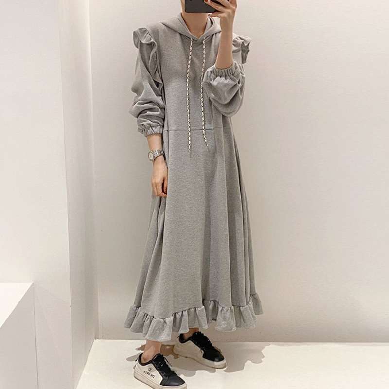 ロングワンピース ティアードフリル付きスウェットワンピース