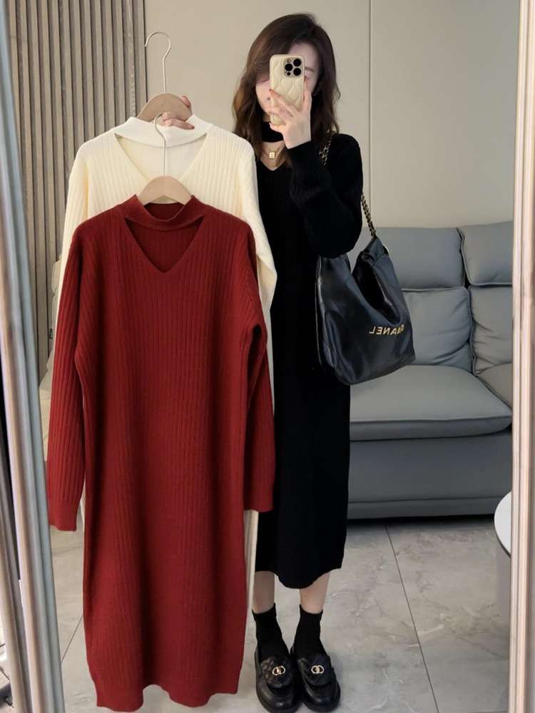ロングワンピース シンプル美シルエットリブニットワンピース