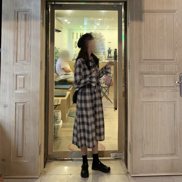 ロングワンピース 蝶結び付きチェック柄シャツワンピース レトロ風