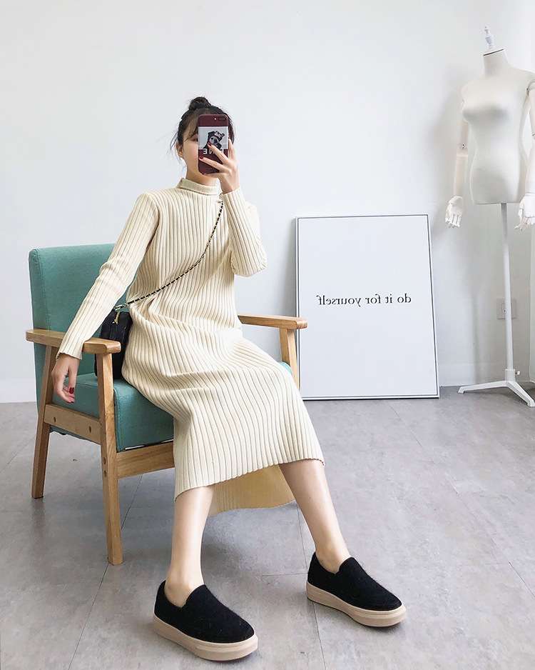 ロングワンピース リブ編みタートルネックミディアム丈ワンピース