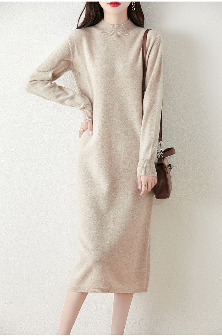 ロングワンピース 上質シンプル モックネックニットワンピース