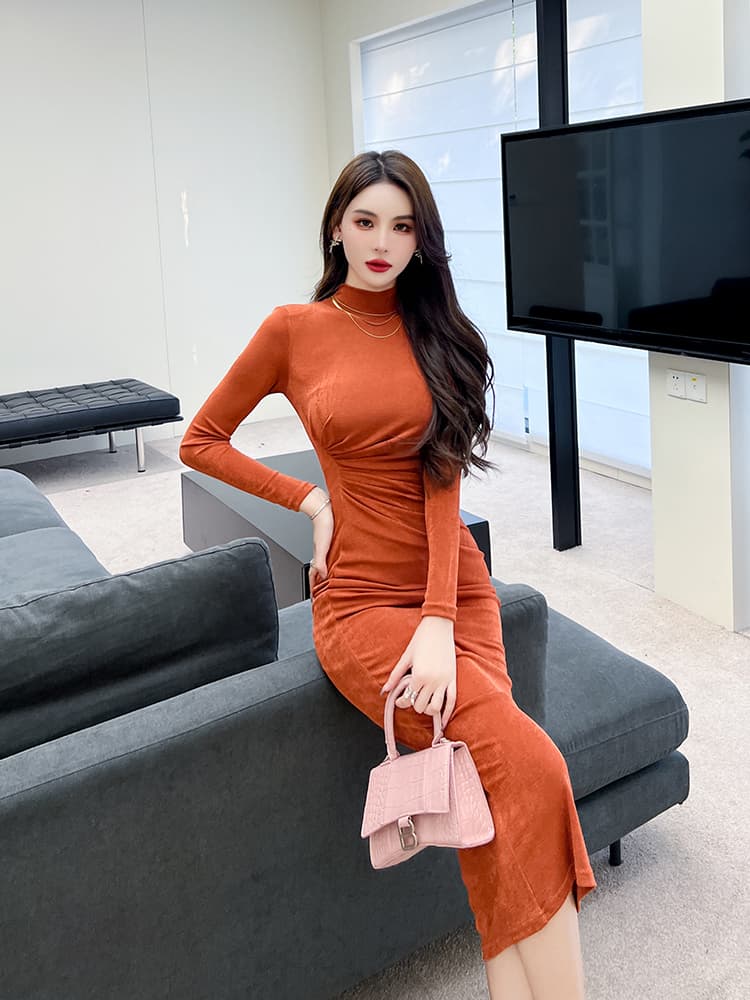ワンピース ニット シンプル長袖ボディコンワンピース