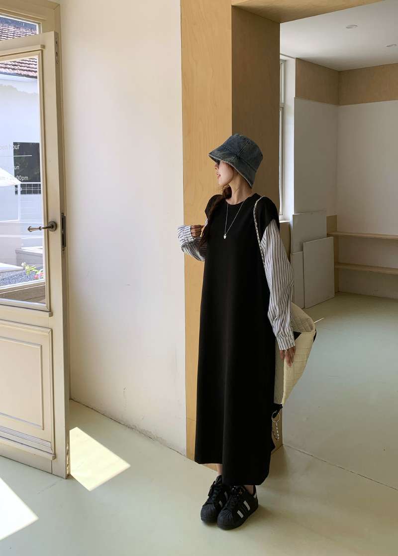 ロングワンピース ストライプ切替シームレスニットワンピース