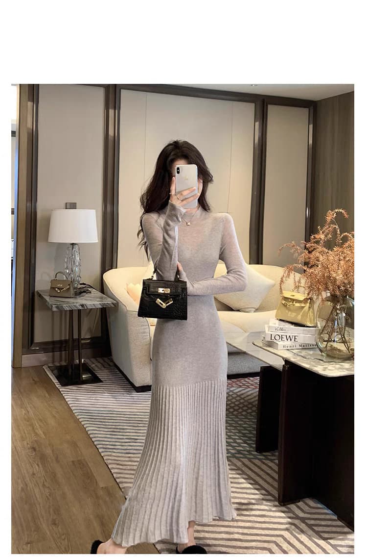 ロングワンピース ニュアンスプリーツニットワンピース