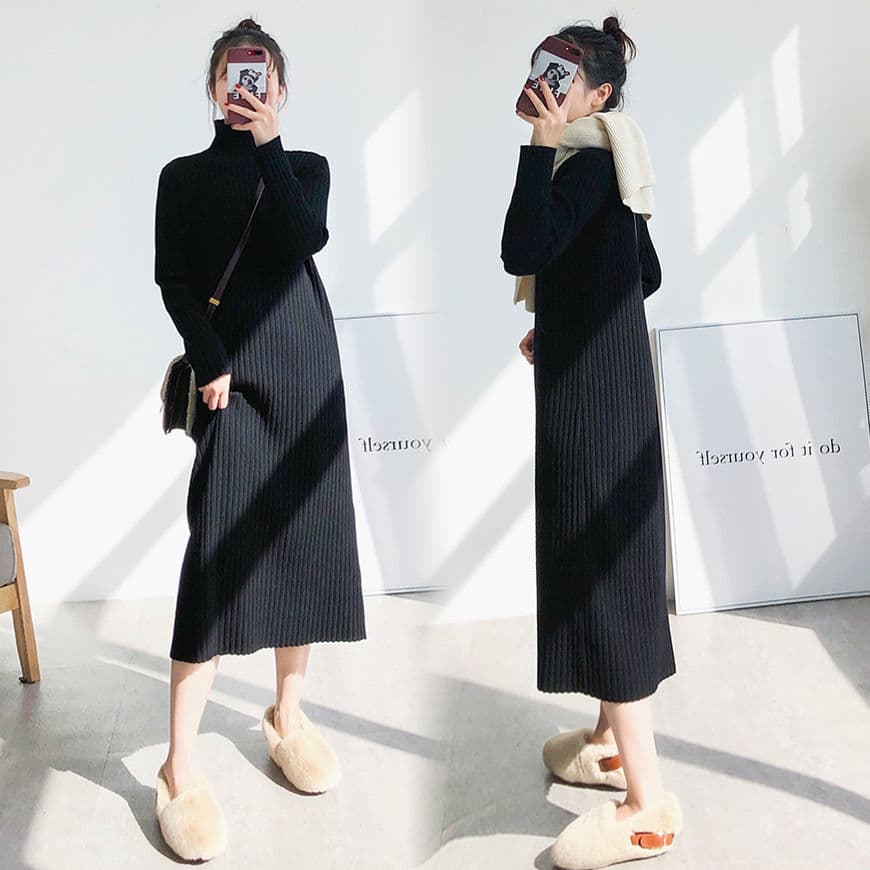 ロングワンピース リブ編みタートルネックロングワンピ