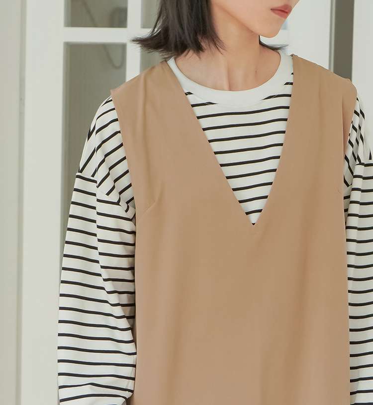 ロングワンピース シンプル深Ｖネック レイヤードワンピース